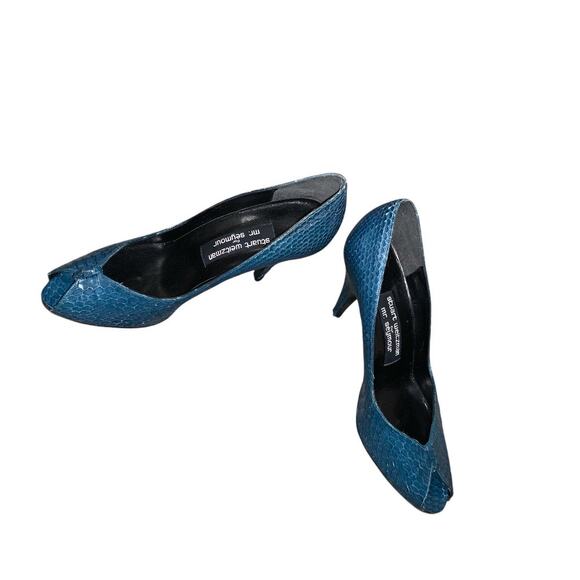 Stuart Weitzman Mr. Seymour Blue Snakeskin Peep Toe Heels Size 8 - Picture 1 of 10